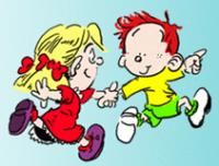 Logo für das Ferienprogramm. Comic-Zeichnung mit einem Mädchen im roten Kleid und Jungen im gelben T-Shirt, die sich an der Hand halten.