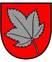 Wappen der Gemeinde Ahorn ist ein graues Ahornblatt mit rotem Hintergrund