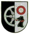 Wappen von Eubigheim in gespaltenem Schild: links in schwarz ein halbes silbernes Rad, rechts in silber ein roter Ring über einem schwarzen Rüdenrumpf mit roter Zunge und rotem Stachelhalsband